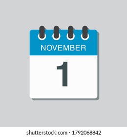 Día del calendario del icono del vector - 1 de noviembre. Días del año ilustración vectorial estilo plano. Fecha día del mes Domingo, Lunes, Martes, Miércoles, Jueves, Viernes, Sábado. Vacaciones de otoño en noviembre.
