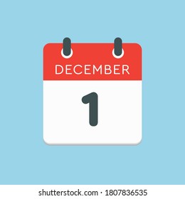 Vector icon calendar day - 1 December. 1th days of the month, vector illustration style. Date day of week Sunday, Monday, Tuesday, Wednesday, Thursday, Friday, Saturday. Winter holidays in December.