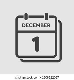 Vector icon calendar day - 1 December. 1th days of the month, vector illustration style. Date day of week Sunday, Monday, Tuesday, Wednesday, Thursday, Friday, Saturday. Winter holidays in December.