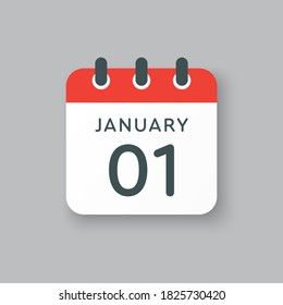 Vector icon calendar day - 1 January. 1th days of the month, vector illustration style. Date day of week Sunday, Monday, Tuesday, Wednesday, Thursday, Friday, Saturday. Winter holidays in January.