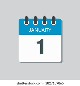 Vector icon calendar day - 1 January. 1th days of the month, vector illustration style. Date day of week Sunday, Monday, Tuesday, Wednesday, Thursday, Friday, Saturday. Winter holidays in January.
