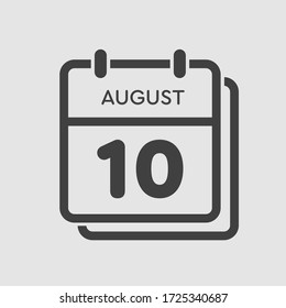 Vector icon calendar day - 10 August. Days of the year. Vector illustration flat style. Date day of month Sunday, Monday, Tuesday, Wednesday, Thursday, Friday, Saturday. Summer holidays spring August.
