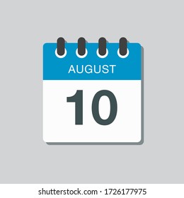 Vector icon calendar day - 10 August. Days of the year. Vector illustration flat style. Date day of month Sunday, Monday, Tuesday, Wednesday, Thursday, Friday, Saturday. Summer holidays spring August.