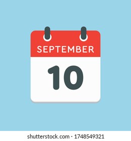Vector icon calendar day - 10 September. Days of the year vector illustration flat style. Date day of month Sunday, Monday, Tuesday, Wednesday, Thursday, Friday, Saturday. Autumn holidays in September