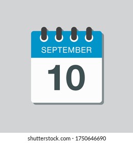 Vector icon calendar day - 10 September. Days of the year vector illustration flat style. Date day of month Sunday, Monday, Tuesday, Wednesday, Thursday, Friday, Saturday. Autumn holidays in September