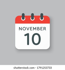 Vektorsymbol Kalendertag - 10. November. Tage des Jahres Vektorgrafik flach Stil. Tag des Monats Sonntag, Montag, Dienstag, Mittwoch, Donnerstag, Freitag, Samstag. Herbstferien im November.