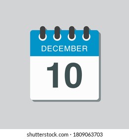 Vector icon calendar day - 10 December. 10th days of the month, vector illustration style. Date day of week Sunday, Monday, Tuesday, Wednesday, Thursday, Friday, Saturday. Winter holidays in December.