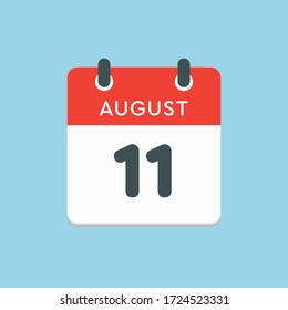 Vector icon calendar day - 11 August. Days of the year. Vector illustration flat style. Date day of month Sunday, Monday, Tuesday, Wednesday, Thursday, Friday, Saturday. Summer holidays spring August.