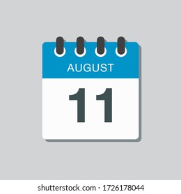 Icono vector día calendario - 11 de agosto. Días del año. Estilo plano de ilustración vectorial. Fecha día del mes Domingo, Lunes, Martes, Miércoles, Jueves, Viernes, Sábado. Las vacaciones de verano en la primavera de agosto.