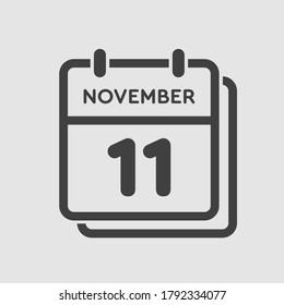 Día del calendario del icono del vector - 11 de noviembre. Días del año ilustración vectorial estilo plano. Fecha día del mes Domingo, Lunes, Martes, Miércoles, Jueves, Viernes, Sábado. Vacaciones de otoño en noviembre.