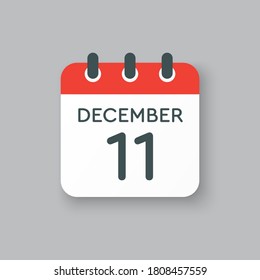 Vector icon calendar day - 11 December. 11th days of the month, vector illustration style. Date day of week Sunday, Monday, Tuesday, Wednesday, Thursday, Friday, Saturday. Winter holidays in December.