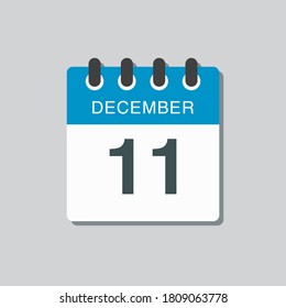Vector icon calendar day - 11 December. 11th days of the month, vector illustration style. Date day of week Sunday, Monday, Tuesday, Wednesday, Thursday, Friday, Saturday. Winter holidays in December.