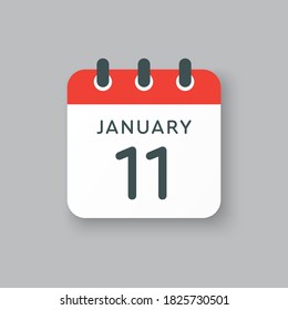 Vector icon calendar day - 11 January. 11th days of the month, vector illustration style. Date day of week Sunday, Monday, Tuesday, Wednesday, Thursday, Friday, Saturday. Winter holidays in January.