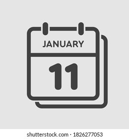 Vector icon calendar day - 11 January. 11th days of the month, vector illustration style. Date day of week Sunday, Monday, Tuesday, Wednesday, Thursday, Friday, Saturday. Winter holidays in January.