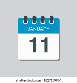 Vector icon calendar day - 11 January. 11th days of the month, vector illustration style. Date day of week Sunday, Monday, Tuesday, Wednesday, Thursday, Friday, Saturday. Winter holidays in January.
