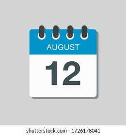 Icono vector día calendario - 12 de agosto. Días del año. Estilo plano de ilustración vectorial. Fecha día del mes Domingo, Lunes, Martes, Miércoles, Jueves, Viernes, Sábado. Las vacaciones de verano en la primavera de agosto.