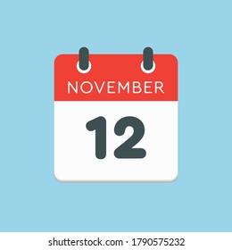 Día del calendario del icono del vector - 12 de noviembre. Días del año ilustración vectorial estilo plano. Fecha día del mes Domingo, Lunes, Martes, Miércoles, Jueves, Viernes, Sábado. Vacaciones de otoño en noviembre.