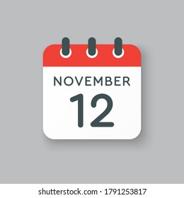 Vector icon calendar day - 12 November. Days of the year vector illustration flat style. Date day of month Sunday, Monday, Tuesday, Wednesday, Thursday, Friday, Saturday. Autumn holidays in November.