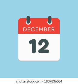 Vector icon calendar day - 12 December. 12th days of the month, vector illustration style. Date day of week Sunday, Monday, Tuesday, Wednesday, Thursday, Friday, Saturday. Winter holidays in December.