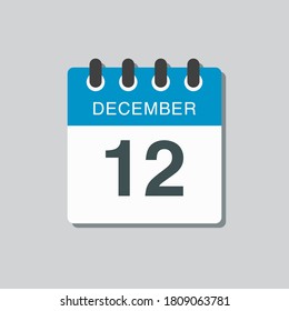 Vector icon calendar day - 12 December. 12th days of the month, vector illustration style. Date day of week Sunday, Monday, Tuesday, Wednesday, Thursday, Friday, Saturday. Winter holidays in December.