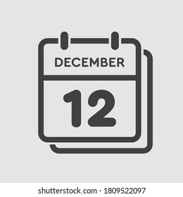 Vector icon calendar day - 12 December. 12th days of the month, vector illustration style. Date day of week Sunday, Monday, Tuesday, Wednesday, Thursday, Friday, Saturday. Winter holidays in December.