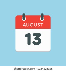 Vector Symbol Kalendertag - 13. August. Tage des Jahres. Vector Illustrationsflache Stil. Tag des Monats Sonntag, Montag, Dienstag, Mittwoch, Donnerstag, Freitag, Samstag. Sommerferien Frühjahr August.