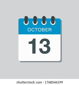 Vector icon calendar day - 13 October. Days of the year vector illustration flat style. Date day of month Sunday, Monday, Tuesday, Wednesday, Thursday, Friday, Saturday. Autumn holidays in October.