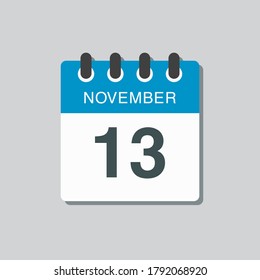 Vector icon calendar day - 13 November. Days of the year vector illustration flat style. Date day of month Sunday, Monday, Tuesday, Wednesday, Thursday, Friday, Saturday. Autumn holidays in November.