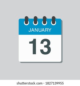 Vector icon calendar day - 13 January. 1th days of the month, vector illustration style. Date day of week Sunday, Monday, Tuesday, Wednesday, Thursday, Friday, Saturday. Winter holidays in January.
