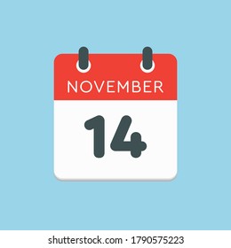 Vector icon calendar day - 14 November. Days of the year vector illustration flat style. Date day of month Sunday, Monday, Tuesday, Wednesday, Thursday, Friday, Saturday. Autumn holidays in November.