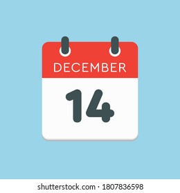 Vector icon calendar day - 14 December. 14th days of the month, vector illustration style. Date day of week Sunday, Monday, Tuesday, Wednesday, Thursday, Friday, Saturday. Winter holidays in December.