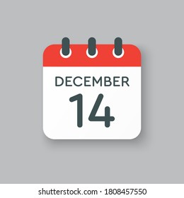 Vector icon calendar day - 14 December. 14th days of the month, vector illustration style. Date day of week Sunday, Monday, Tuesday, Wednesday, Thursday, Friday, Saturday. Winter holidays in December.