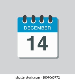 Vector icon calendar day - 14 December. 14th days of the month, vector illustration style. Date day of week Sunday, Monday, Tuesday, Wednesday, Thursday, Friday, Saturday. Winter holidays in December.