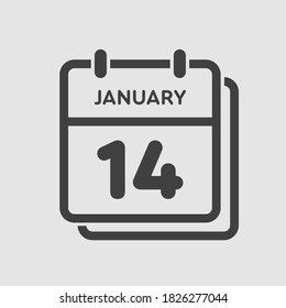 Vektorsymbol Kalendertag - 14. Januar. 14 Tage des Monats, Vektorgrafik-Stil. Tag der Woche Sonntag, Montag, Dienstag, Mittwoch, Donnerstag, Freitag, Samstag. Winterferien im Januar.