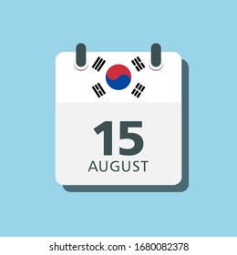 Vector Icon calendar day - 15 august. Days of the year. Date day of month Sunday, Monday, Tuesday, Wednesday, Thursday, Friday, Saturday. Holidays, anniversary, Independence Day South Korea Asia.