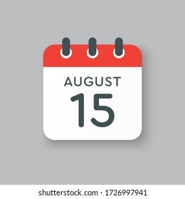 Vector icon calendar day - 15 August. Days of the year. Vector illustration flat style. Date day of month Sunday, Monday, Tuesday, Wednesday, Thursday, Friday, Saturday. Summer holidays spring August.