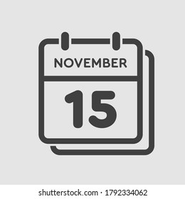 Día del calendario del icono del vector - 15 de noviembre. Días del año ilustración vectorial estilo plano. Fecha día del mes Domingo, Lunes, Martes, Miércoles, Jueves, Viernes, Sábado. Vacaciones de otoño en noviembre.