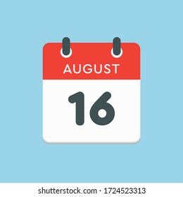 Vector icon calendar day - 16 August. Days of the year. Vector illustration flat style. Date day of month Sunday, Monday, Tuesday, Wednesday, Thursday, Friday, Saturday. Summer holidays spring August