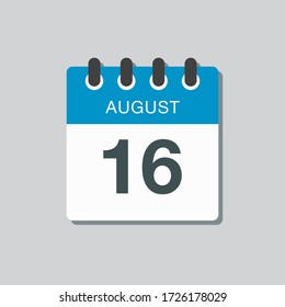 Icono vector día calendario - 16 de agosto. Días del año. Estilo plano de ilustración vectorial. Fecha día del mes Domingo, Lunes, Martes, Miércoles, Jueves, Viernes, Sábado. Las vacaciones de verano en la primavera de agosto.