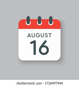 Vector icon calendar day - 16 August. Days of the year. Vector illustration flat style. Date day of month Sunday, Monday, Tuesday, Wednesday, Thursday, Friday, Saturday. Summer holidays spring August.