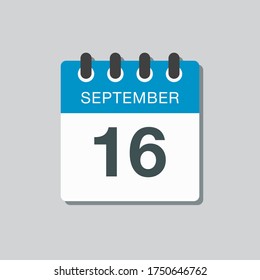 Icono vector día calendario - 16 de septiembre. Días del año ilustración vectorial estilo plano. Fecha día del mes Domingo, Lunes, Martes, Miércoles, Jueves, Viernes, Sábado. Vacaciones de otoño en septiembre
