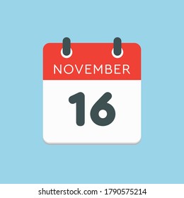 Vector icon calendar day - 16 November. Days of the year vector illustration flat style. Date day of month Sunday, Monday, Tuesday, Wednesday, Thursday, Friday, Saturday. Autumn holidays in November.