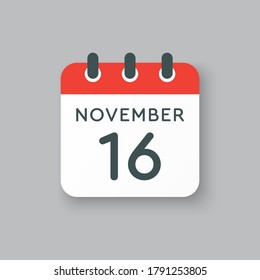 Vector icon calendar day - 16 November. Days of the year vector illustration flat style. Date day of month Sunday, Monday, Tuesday, Wednesday, Thursday, Friday, Saturday. Autumn holidays in November.