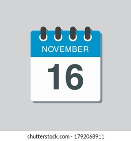 Vektorsymbol Kalendertag - 16. November. Tage des Jahres Vektorgrafik flach Stil. Tag des Monats Sonntag, Montag, Dienstag, Mittwoch, Donnerstag, Freitag, Samstag. Herbstferien im November.