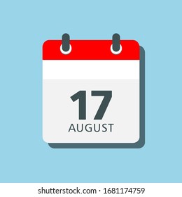 Día del calendario de iconos vectores - 17 de agosto. Días del año. Fecha día del mes Domingo, Lunes, Martes, Miércoles, Jueves, Viernes, Sábado. Fiestas, aniversario, Día de la Independencia de Asia.