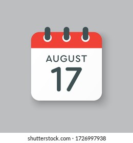 Vector icon calendar day - 17 August. Days of the year. Vector illustration flat style. Date day of month Sunday, Monday, Tuesday, Wednesday, Thursday, Friday, Saturday. Summer holidays spring August.