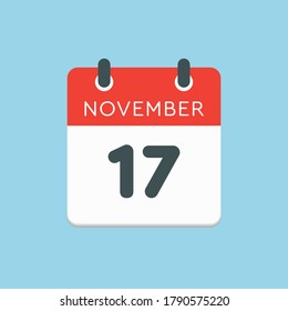 Día del calendario del icono del vector - 17 de noviembre. Días del año ilustración vectorial estilo plano. Fecha día del mes Domingo, Lunes, Martes, Miércoles, Jueves, Viernes, Sábado. Vacaciones de otoño en noviembre.