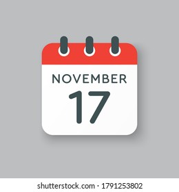 Vector icon calendar day - 17 November. Days of the year vector illustration flat style. Date day of month Sunday, Monday, Tuesday, Wednesday, Thursday, Friday, Saturday. Autumn holidays in November.