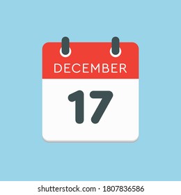 Vector icon calendar day - 17 December. 17th days of the month, vector illustration style. Date day of week Sunday, Monday, Tuesday, Wednesday, Thursday, Friday, Saturday. Winter holidays in December.