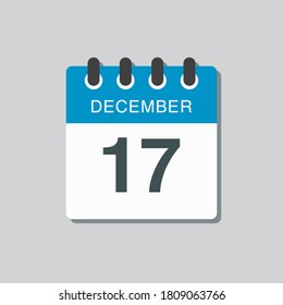 Vector icon calendar day - 17 December. 17th days of the month, vector illustration style. Date day of week Sunday, Monday, Tuesday, Wednesday, Thursday, Friday, Saturday. Winter holidays in December.